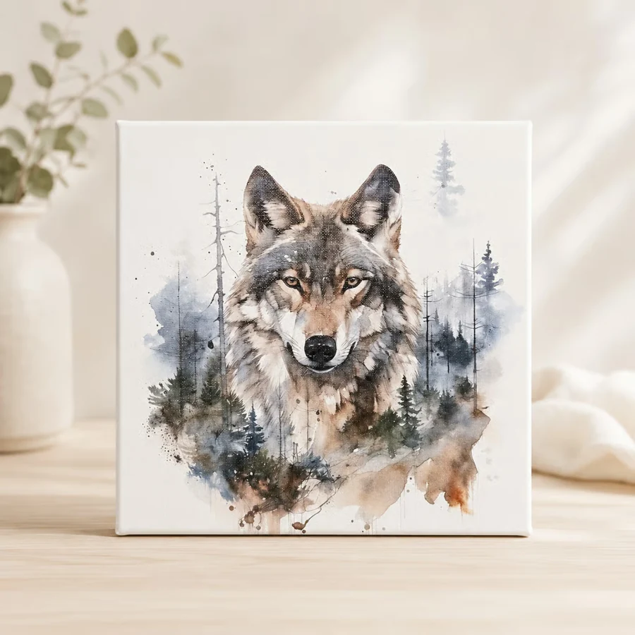 Een UV-geprint canvas met een wolf en bosdetails